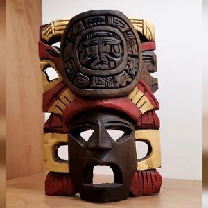 Vintage Mayan Mexican Tribal Handcarved Wood Mask Decor, 8" EUC